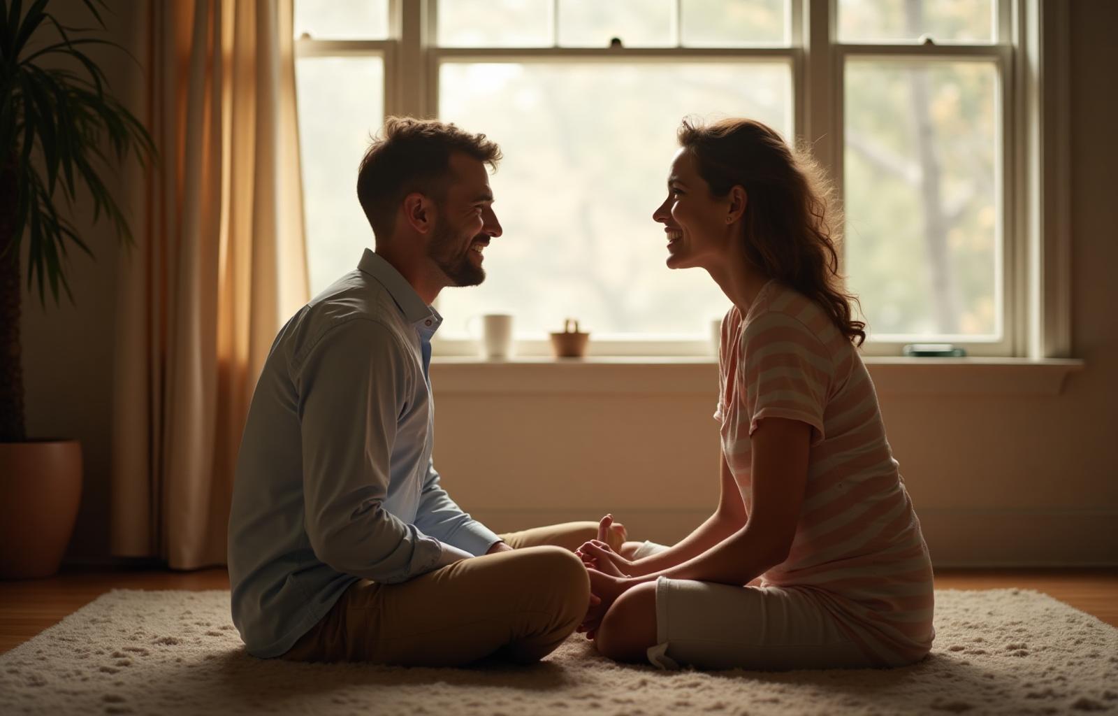 Couple sitting facing each other in open, connected posture
