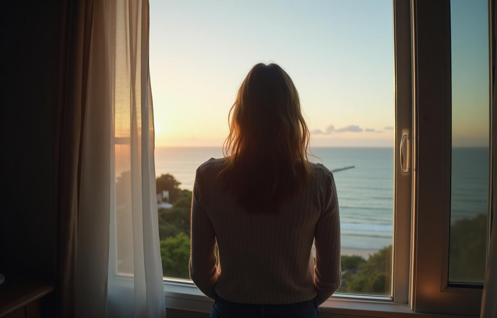 Person looking out window contemplatively